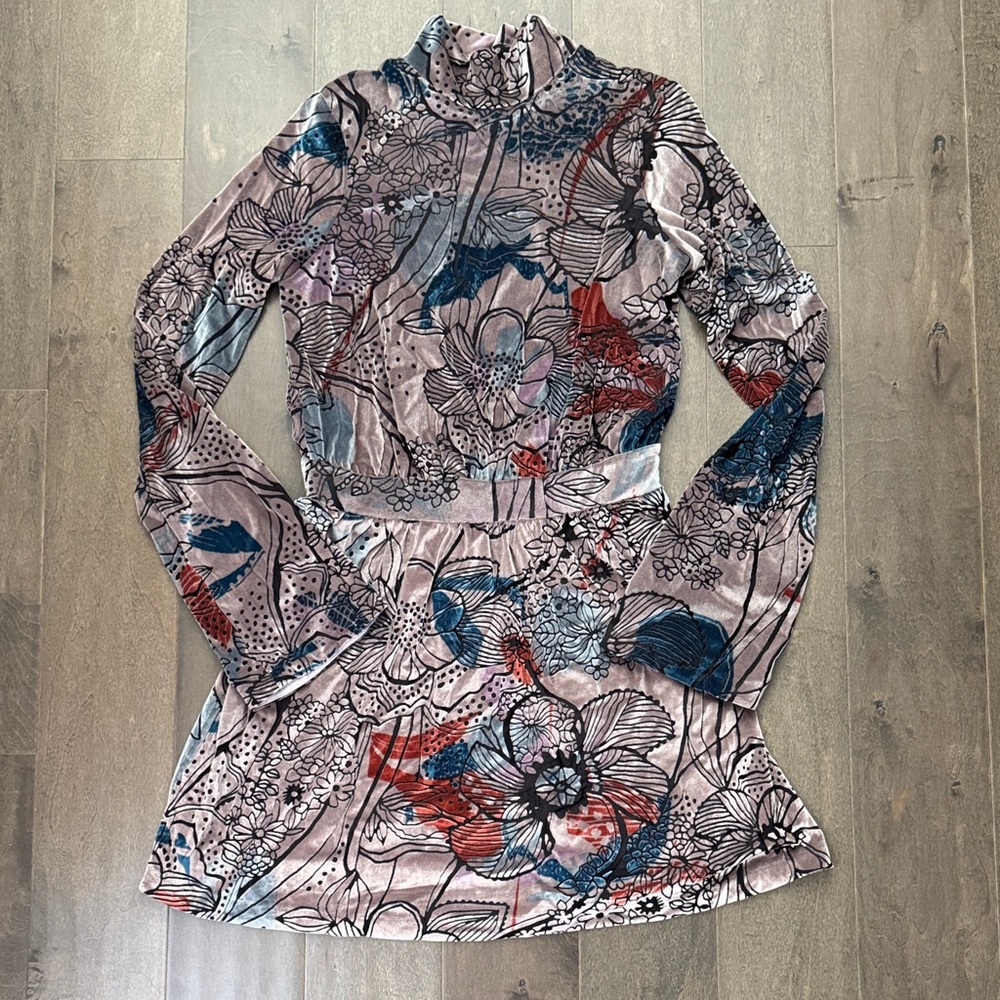 Free People Christine Velvet Mini Dress Floral Boho Long Sleeve Fall Dress